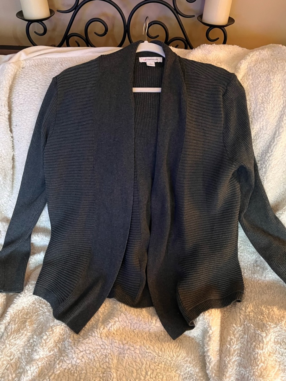Dark Grey Open-Front Ribbed Cardigan Sweater - large